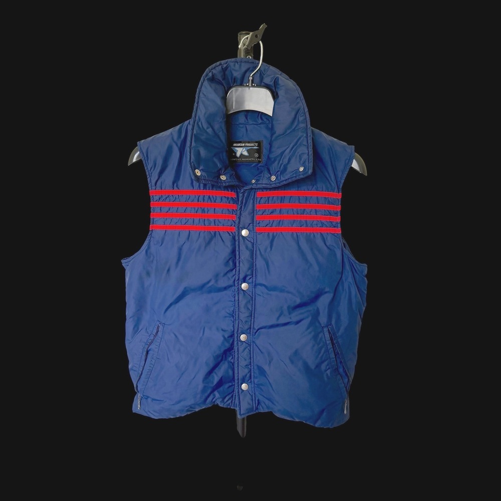 70's Mountain Products Jim Vest Blue Red Stripe Goose Down Puffer Vest Medium